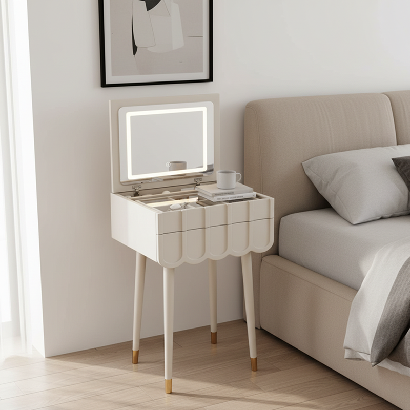 Sleek Modern Minimalist Rectangular Makeup Vanity with Eco-Friendly High-Density Board, 4-Leg Design and 2 Drawers for Bedroom