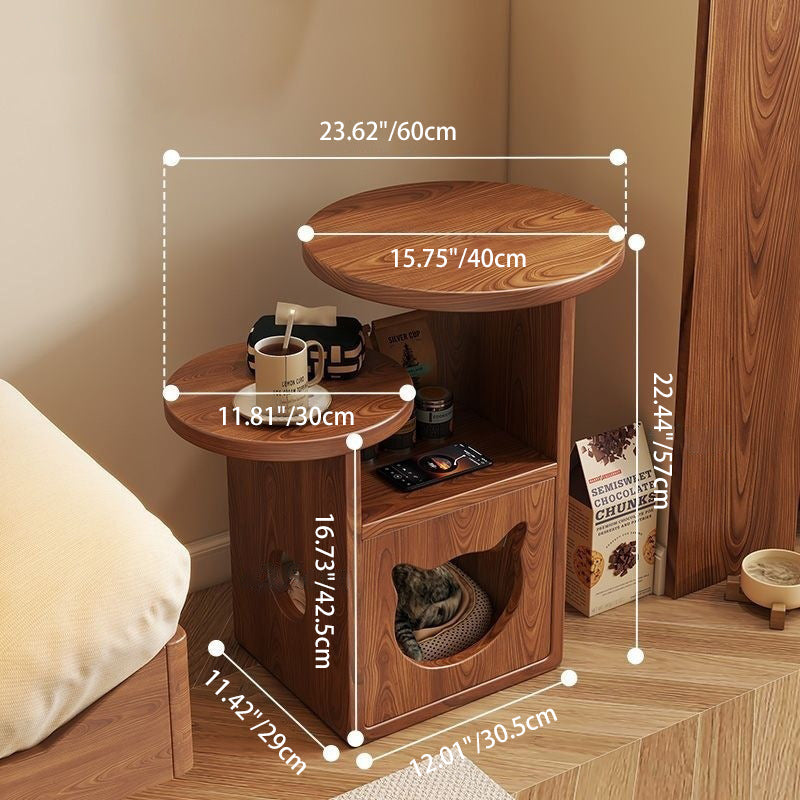 Contemporary Pine Wood Round Cat Bed Nightstand — 3-Tier Design for Bedroom