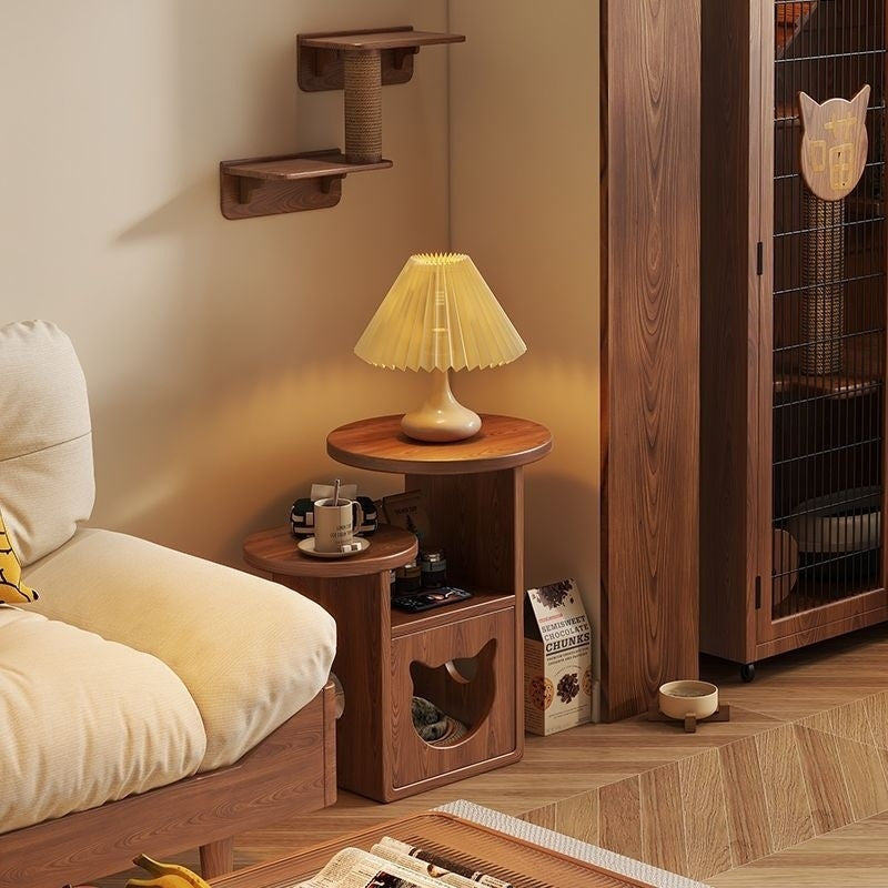Contemporary Pine Wood Round Cat Bed Nightstand — 3-Tier Design for Bedroom
