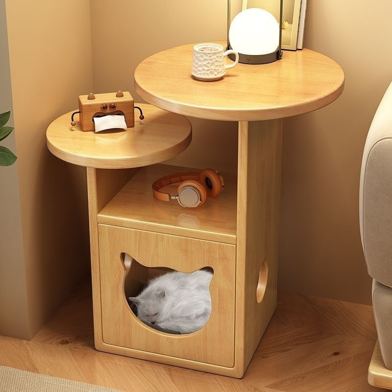 Contemporary Pine Wood Round Cat Bed Nightstand — 3-Tier Design for Bedroom
