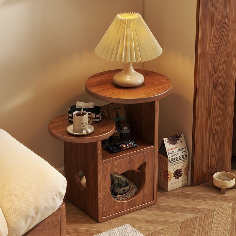 Contemporary Pine Wood Round Cat Bed Nightstand — 3-Tier Design for Bedroom