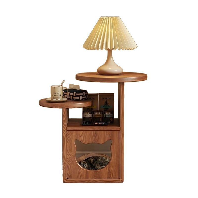 Contemporary Pine Wood Round Cat Bed Nightstand — 3-Tier Design for Bedroom