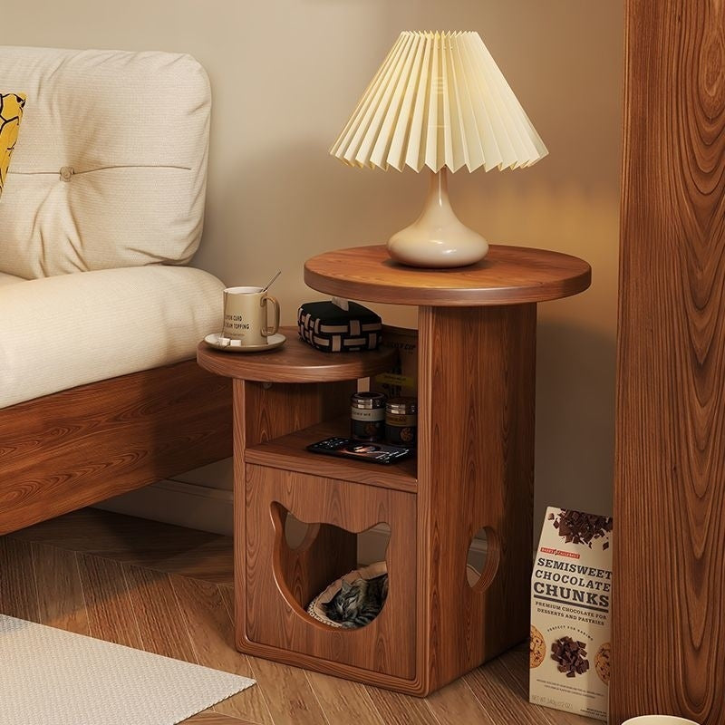 Contemporary Pine Wood Round Cat Bed Nightstand — 3-Tier Design for Bedroom