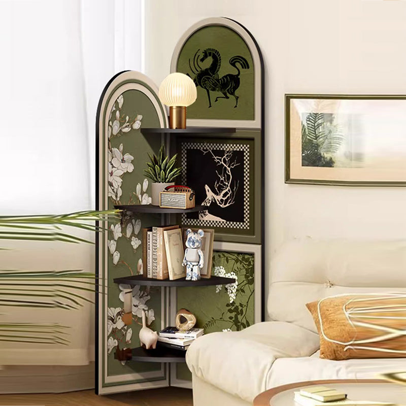Traditional Chinese-Style Double-Arch MDF Corner Shelf Unit, 4-Tier for Living Room