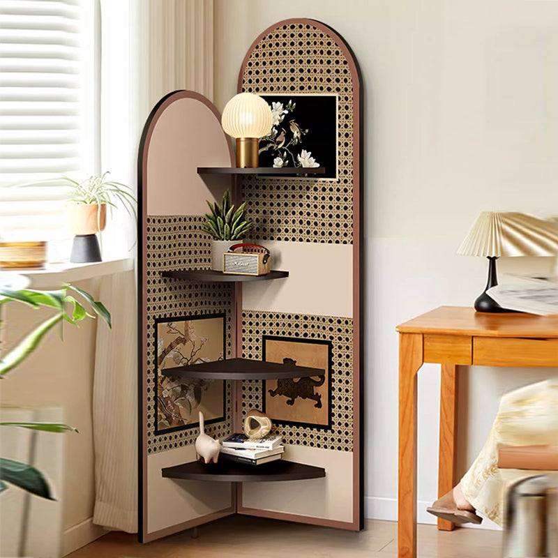 Traditional Chinese-Style Double-Arch MDF Corner Shelf Unit, 4-Tier for Living Room