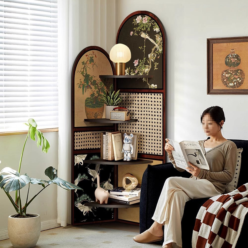 Traditional Chinese-Style Double-Arch MDF Corner Shelf Unit, 4-Tier for Living Room