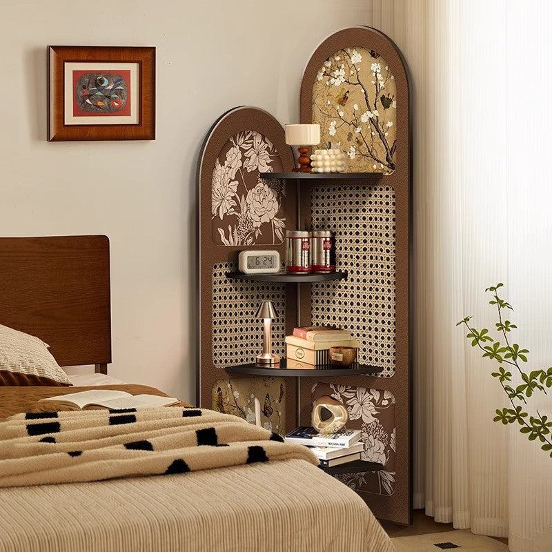 Traditional Chinese-Style Double-Arch MDF Corner Shelf Unit, 4-Tier for Living Room