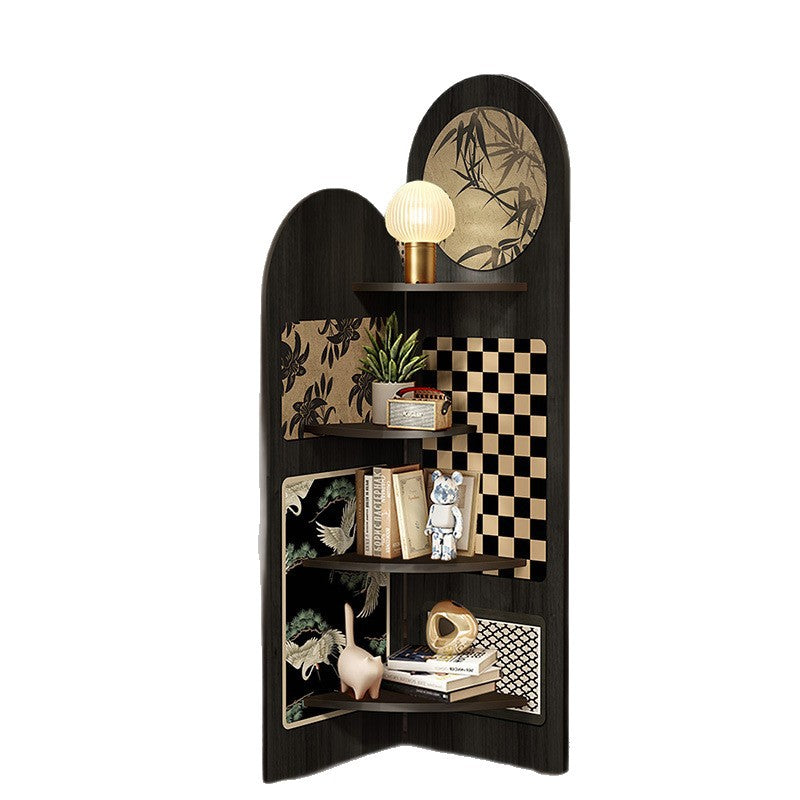 Traditional Chinese-Style Double-Arch MDF Corner Shelf Unit, 4-Tier for Living Room