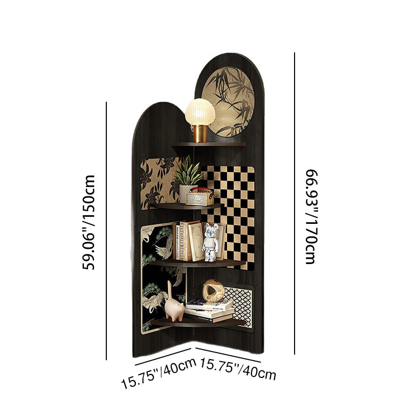Traditional Chinese-Style Double-Arch MDF Corner Shelf Unit, 4-Tier for Living Room