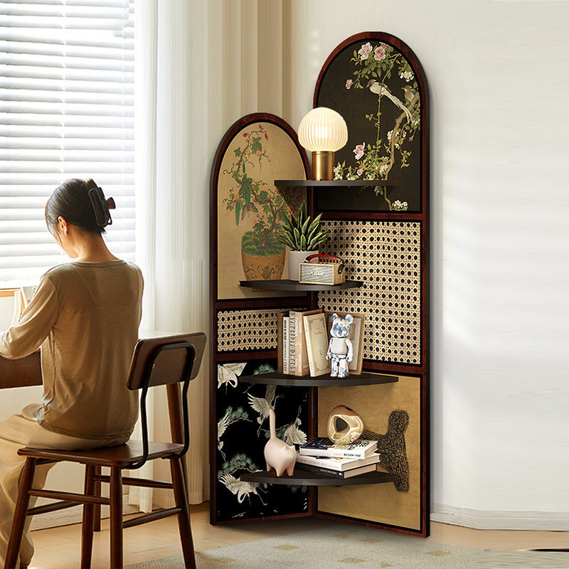 Traditional Chinese-Style Double-Arch MDF Corner Shelf Unit, 4-Tier for Living Room