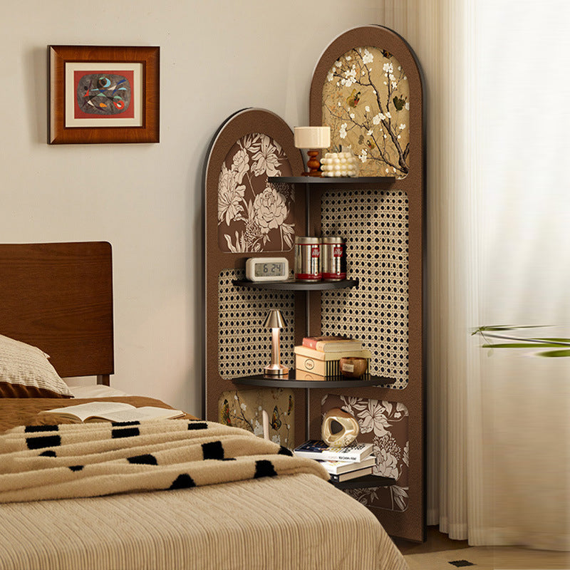 Traditional Chinese-Style Double-Arch MDF Corner Shelf Unit, 4-Tier for Living Room