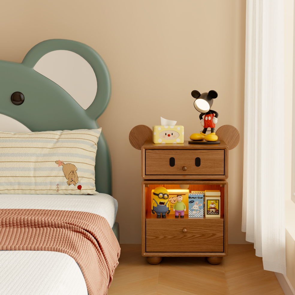 Kids Mouse-Shaped Nightstand - Contemporary Rubberwood & Pine Wood, Swivel Base, 2-Drawer Bedroom Nightstand