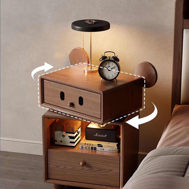Kids Mouse-Shaped Nightstand - Contemporary Rubberwood & Pine Wood, Swivel Base, 2-Drawer Bedroom Nightstand