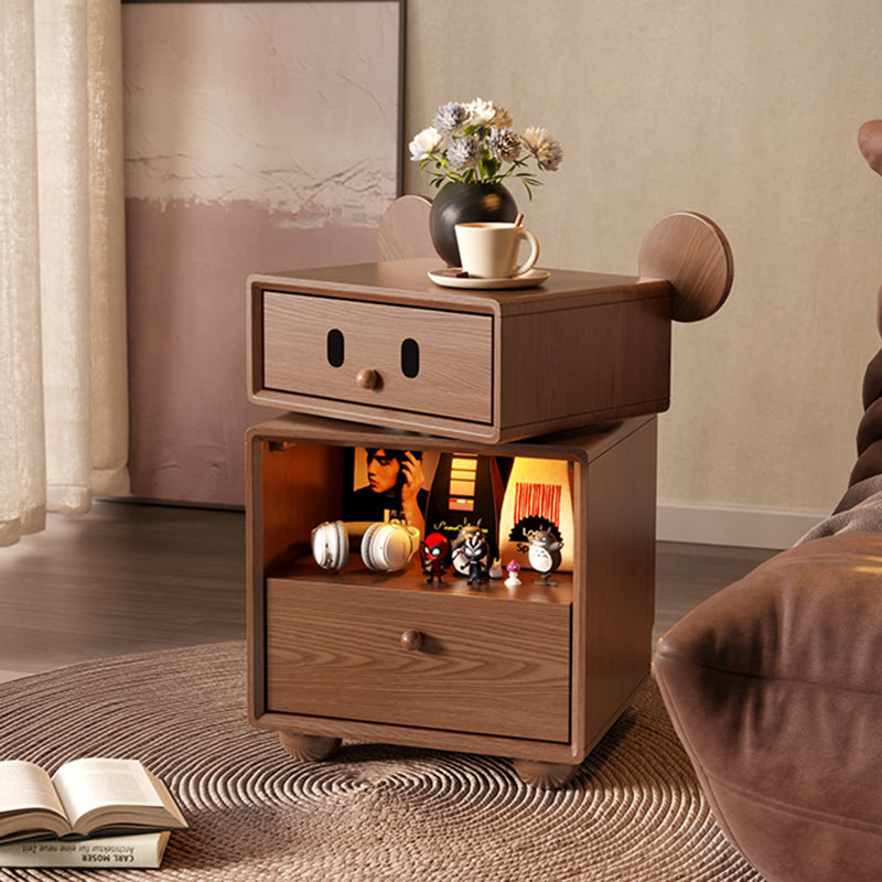 Kids Mouse-Shaped Nightstand - Contemporary Rubberwood & Pine Wood, Swivel Base, 2-Drawer Bedroom Nightstand