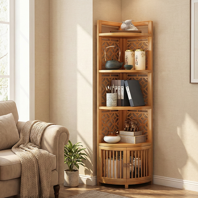 Traditional Chinese-Style Rectangular Bamboo Corner Shelf Unit - 5/6-Tier Storage for Living Room