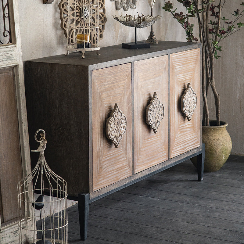 Elegant Traditional Vintage Iron & Pine Rectangular Console Table with Three Cabinet Storage for Entryways and Living Rooms