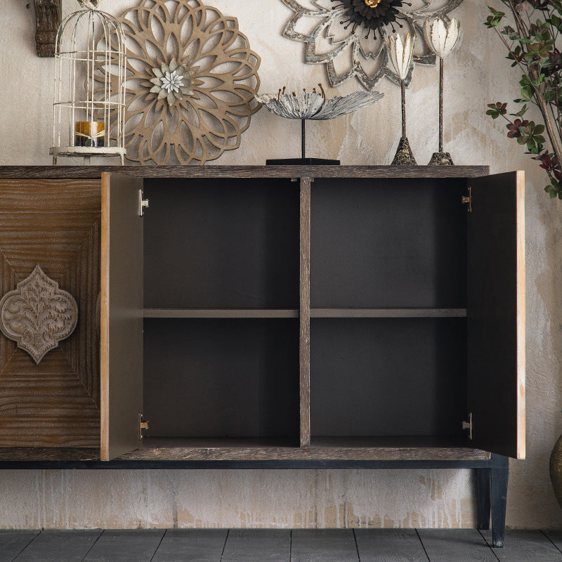 Elegant Traditional Vintage Iron & Pine Rectangular Console Table with Three Cabinet Storage for Entryways and Living Rooms