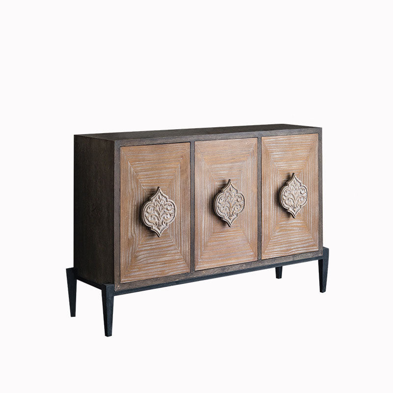 Elegant Traditional Vintage Iron & Pine Rectangular Console Table with Three Cabinet Storage for Entryways and Living Rooms