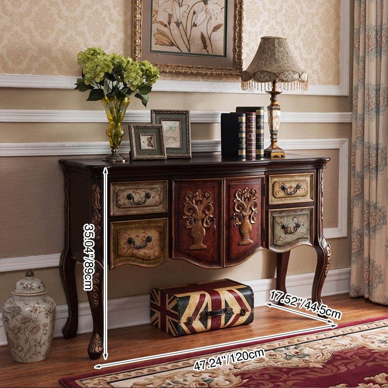 Elegant Traditional Vintage Rubberwood Rectangular Console Table With 4 Drawers And Cabinet – Ideal For Entryway, Living Room, Or Bedroom