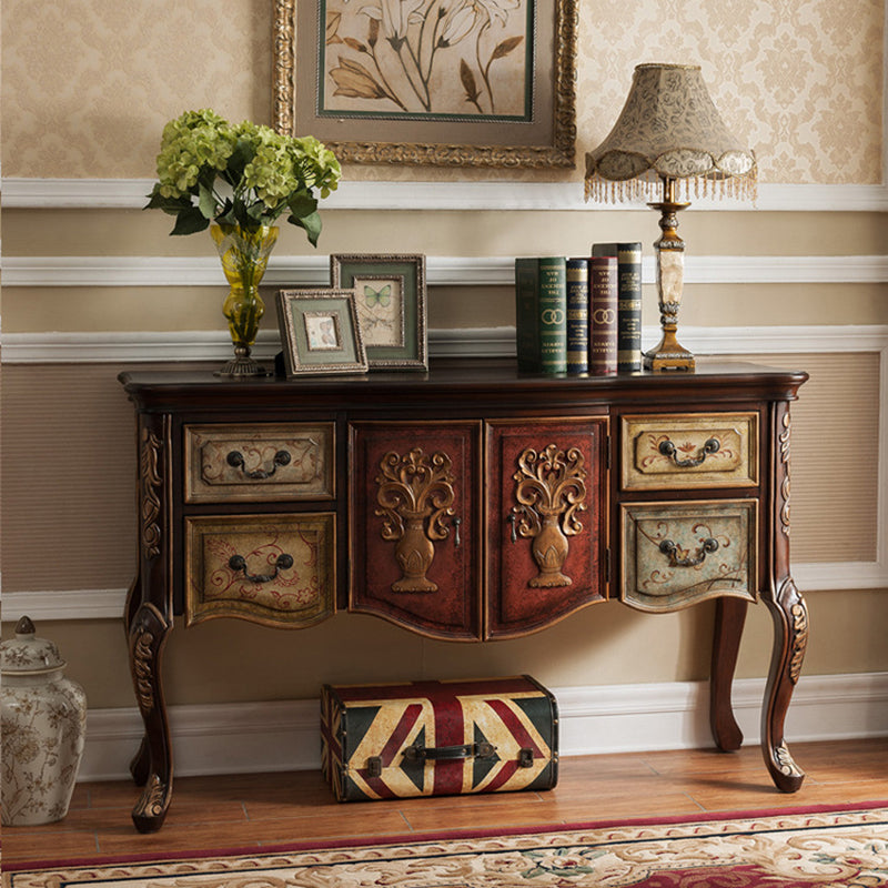 Elegant Traditional Vintage Rubberwood Rectangular Console Table With 4 Drawers And Cabinet – Ideal For Entryway, Living Room, Or Bedroom
