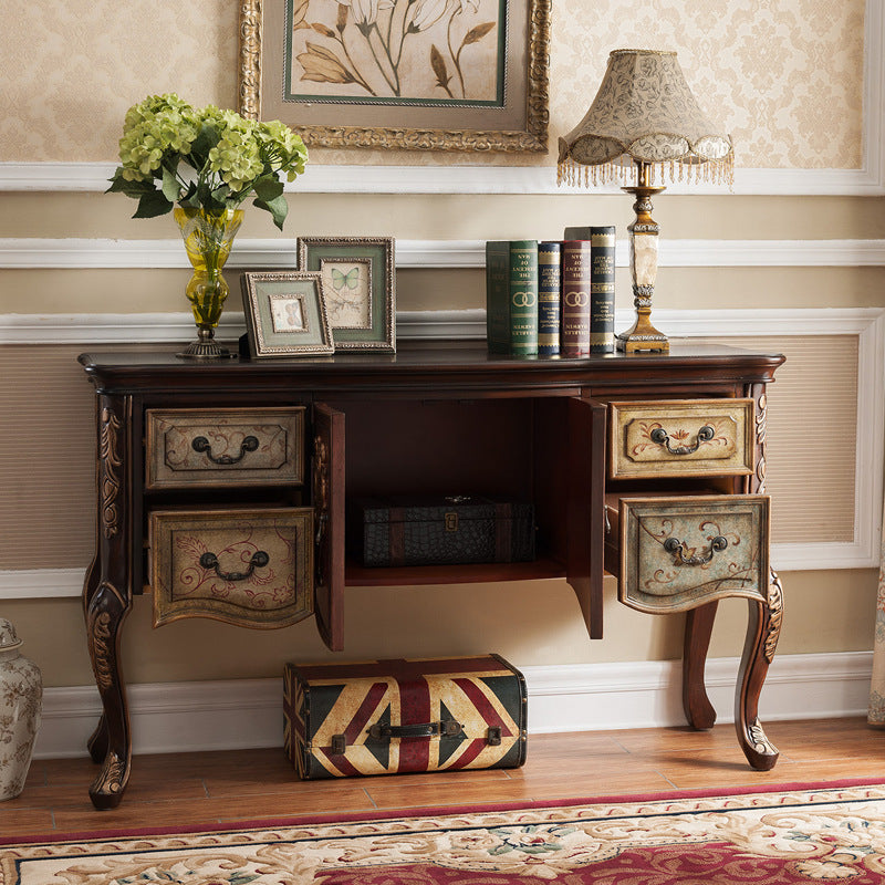 Elegant Traditional Vintage Rubberwood Rectangular Console Table With 4 Drawers And Cabinet – Ideal For Entryway, Living Room, Or Bedroom