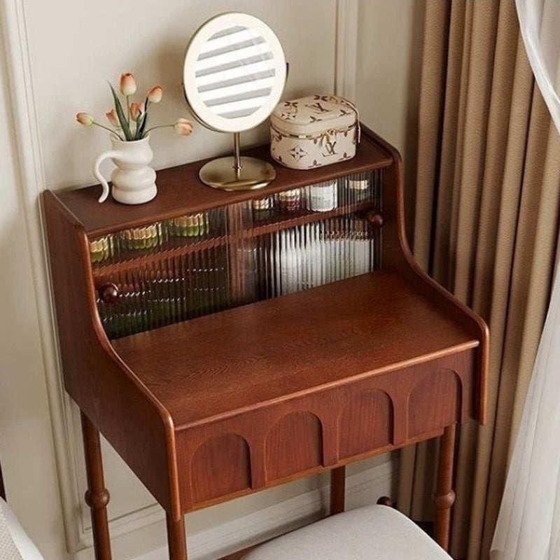 Traditional French-Style Rectangular Vanity Set with Pine & Ash Wood, Velvet Stool, 2-Tier Makeup Vanity – Bedroom
