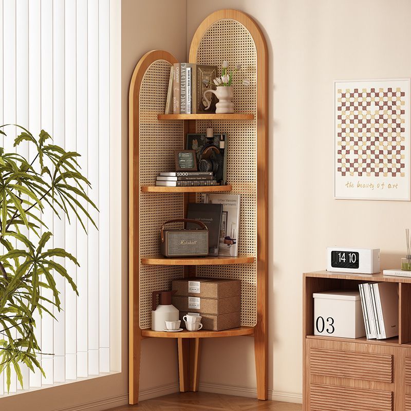 Traditional Chinese Fan-Shaped Curved Nan Bamboo Rattan Weave Corner Shelf Unit, 4-Tier Living Room Organizer