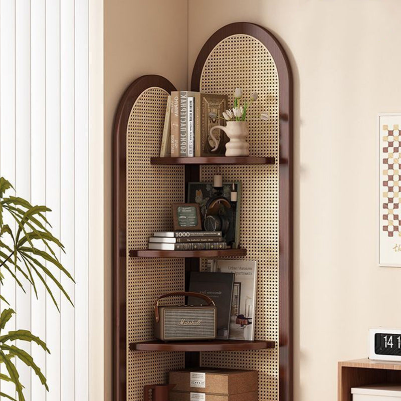 Traditional Chinese Fan-Shaped Curved Nan Bamboo Rattan Weave Corner Shelf Unit, 4-Tier Living Room Organizer