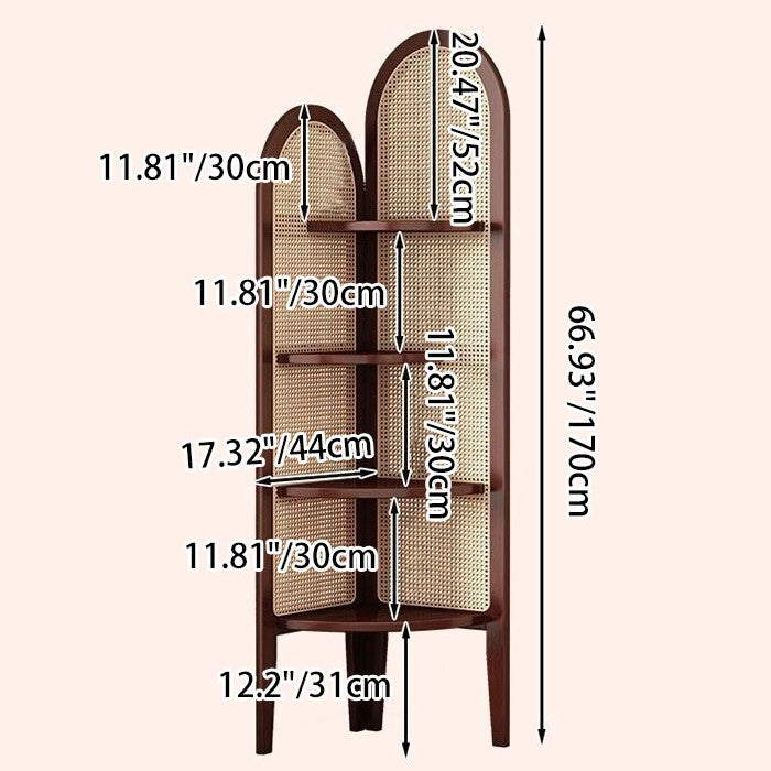 Traditional Chinese Fan-Shaped Curved Nan Bamboo Rattan Weave Corner Shelf Unit, 4-Tier Living Room Organizer