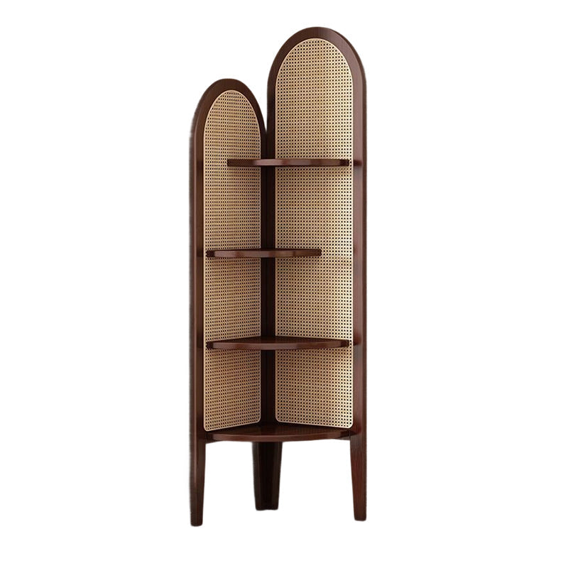 Traditional Chinese Fan-Shaped Curved Nan Bamboo Rattan Weave Corner Shelf Unit, 4-Tier Living Room Organizer