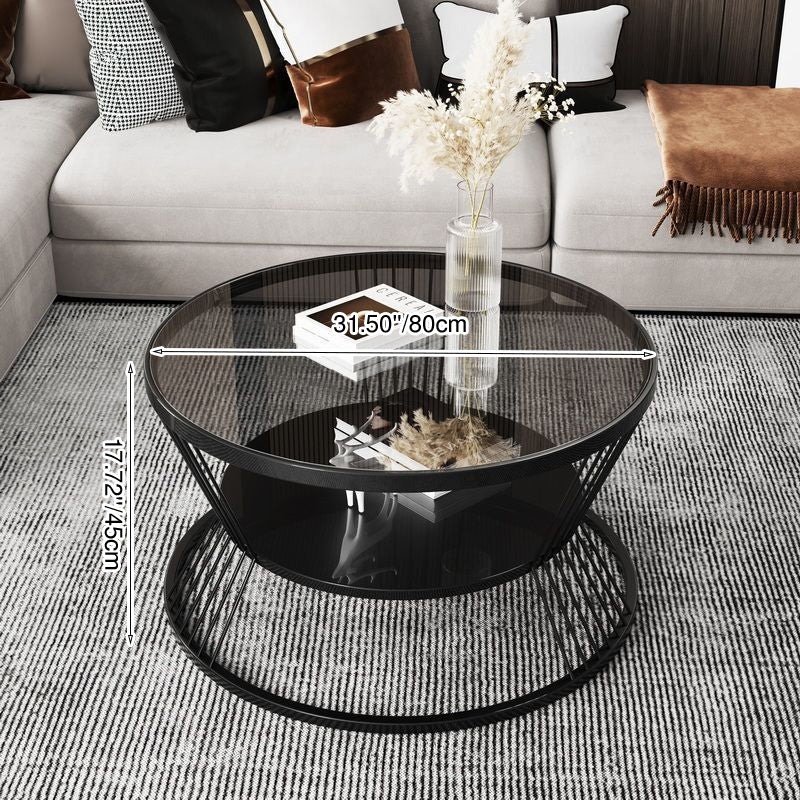 Modern Minimalist Round Tempered-Glass Coffee Table with Iron Frame, 2-Tier for Living Room