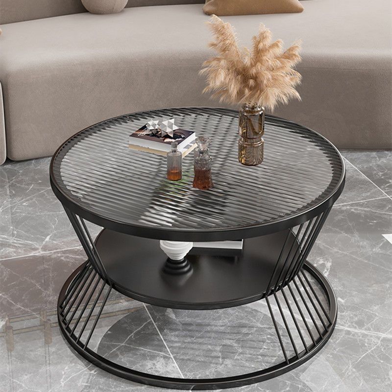 Modern Minimalist Round Tempered-Glass Coffee Table with Iron Frame, 2-Tier for Living Room