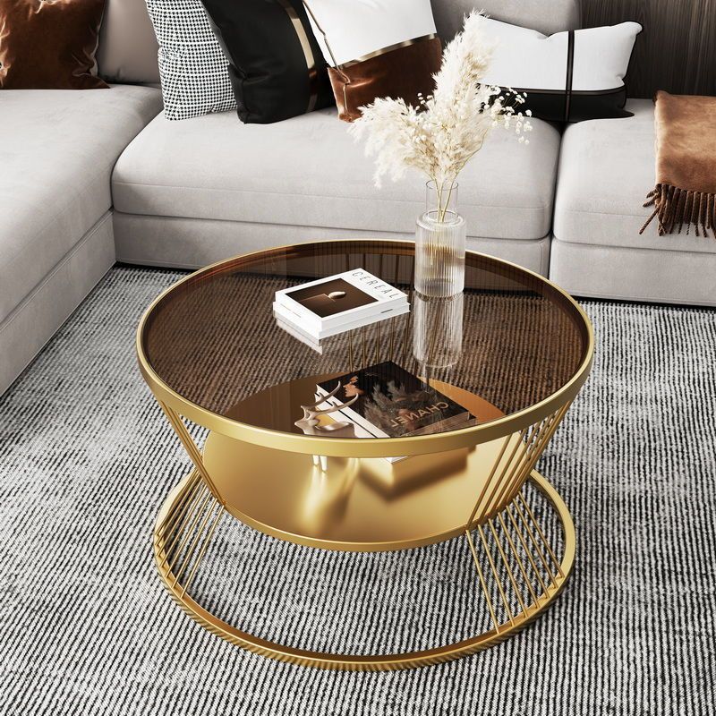 Modern Minimalist Round Tempered-Glass Coffee Table with Iron Frame, 2-Tier for Living Room