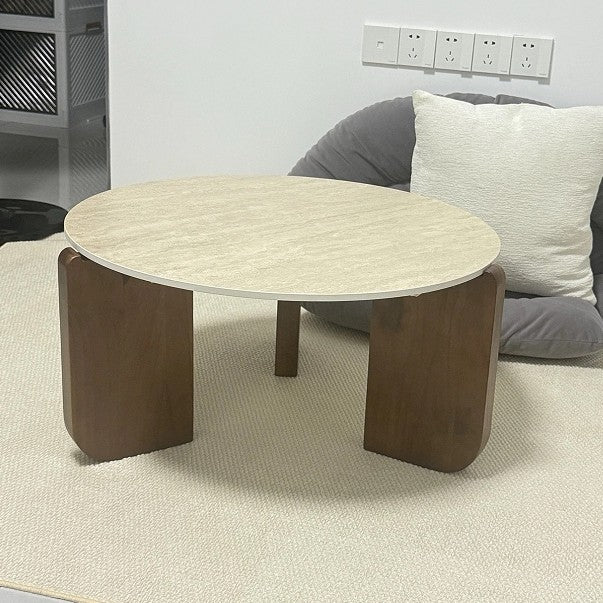 Modern Minimalist Round Coffee Table with Sintered Stone Top and Solid Wood Base for Living Room