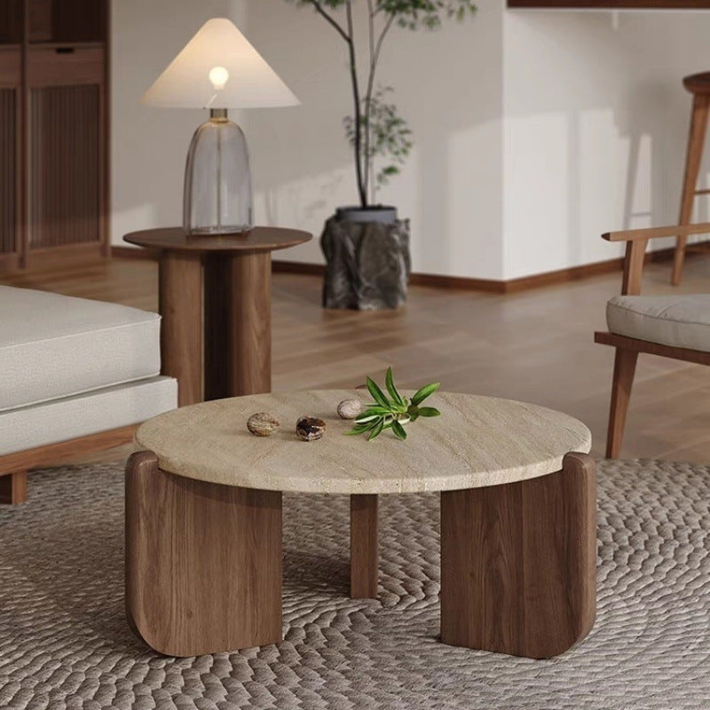 Modern Minimalist Round Coffee Table with Sintered Stone Top and Solid Wood Base for Living Room