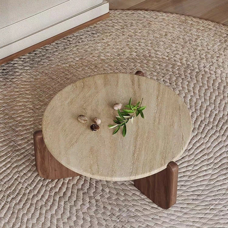 Modern Minimalist Round Coffee Table with Sintered Stone Top and Solid Wood Base for Living Room