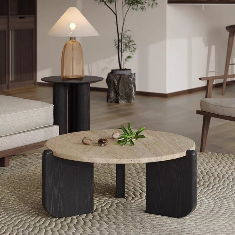 Modern Minimalist Round Coffee Table with Sintered Stone Top and Solid Wood Base for Living Room