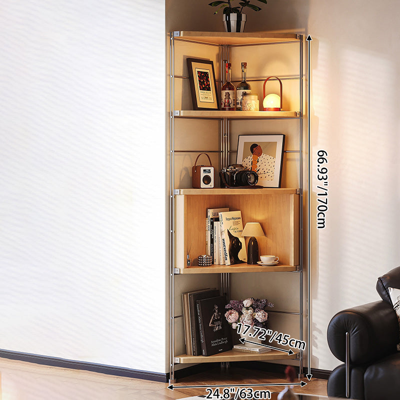 Contemporary Retro Fan-Shaped Corner Shelf Unit with Stainless Steel Frame and 4-5-Tier Particle Board Shelves for Living Room