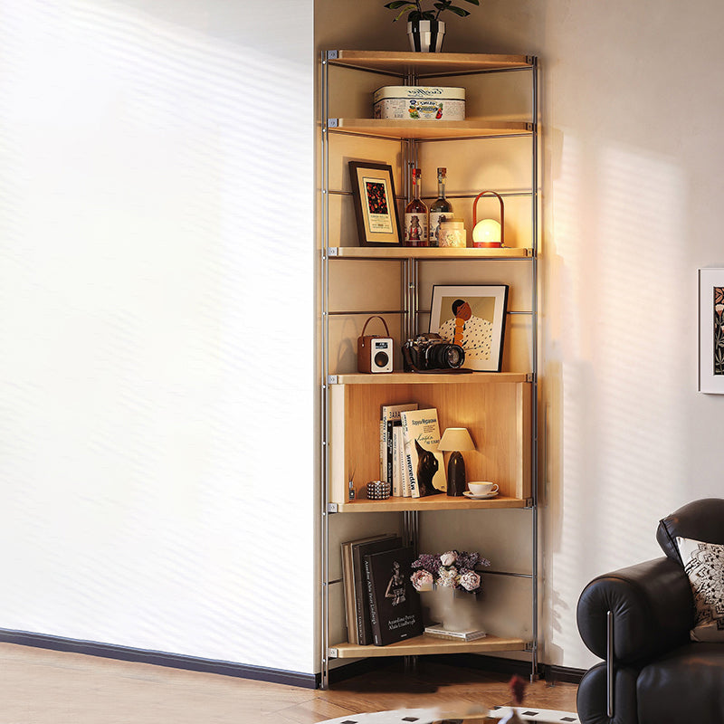 Contemporary Retro Fan-Shaped Corner Shelf Unit with Stainless Steel Frame and 4-5-Tier Particle Board Shelves for Living Room