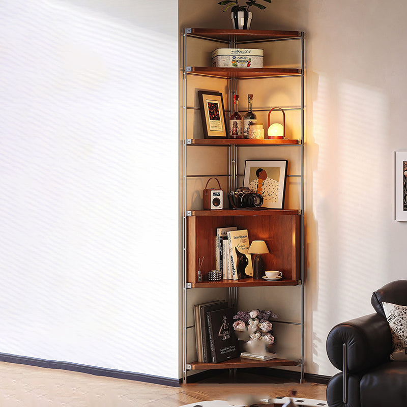 Contemporary Retro Fan-Shaped Corner Shelf Unit with Stainless Steel Frame and 4-5-Tier Particle Board Shelves for Living Room