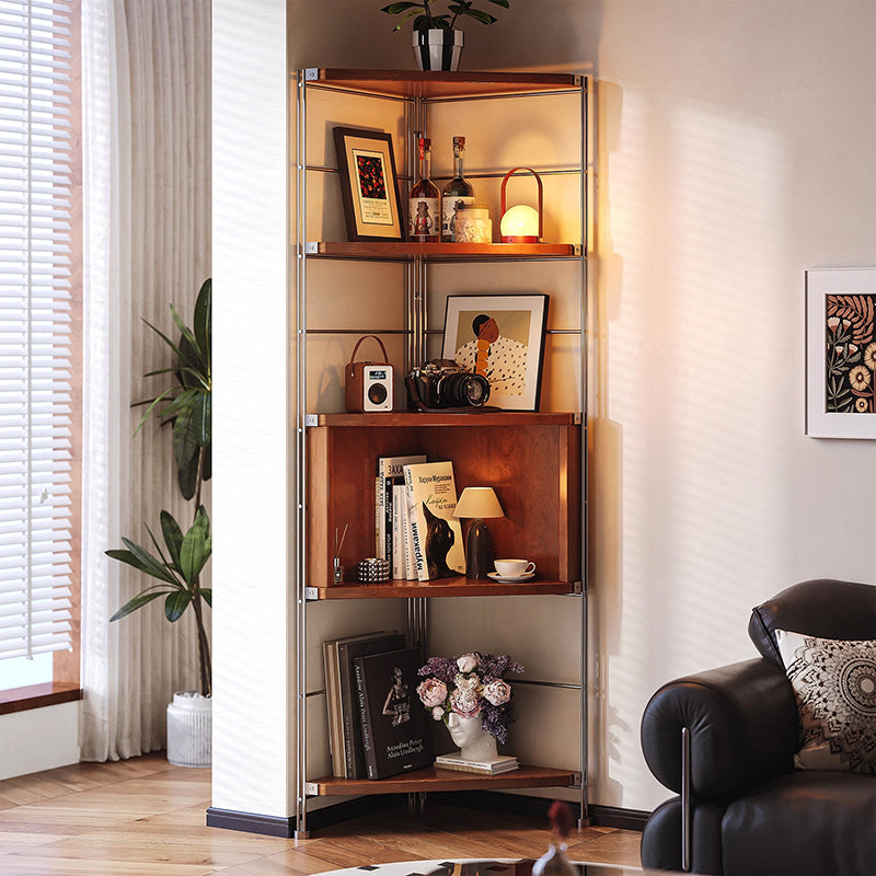 Contemporary Retro Fan-Shaped Corner Shelf Unit with Stainless Steel Frame and 4-5-Tier Particle Board Shelves for Living Room