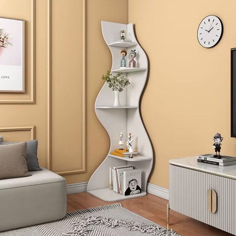 Modern Art Deco 5-Tier Rectangular Corner Shelf Unit with Wavy Design — Solid Wood Particle Board for Living Room