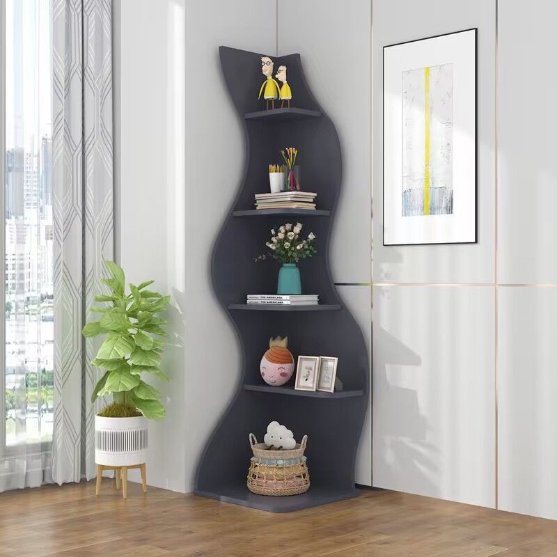 Modern Art Deco 5-Tier Rectangular Corner Shelf Unit with Wavy Design — Solid Wood Particle Board for Living Room
