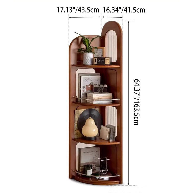 Contemporary Retro Fan-Shaped Corner Shelf Unit, 4-Tier – Boxwood Pine Wood with Glass & Stainless Steel for Living Room