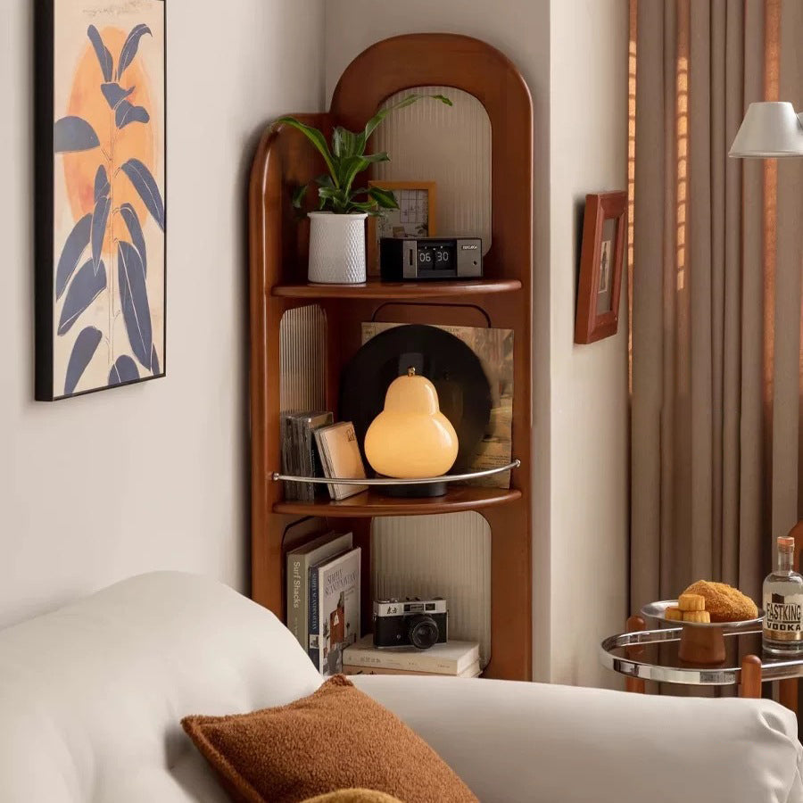 Contemporary Retro Fan-Shaped Corner Shelf Unit, 4-Tier – Boxwood Pine Wood with Glass & Stainless Steel for Living Room