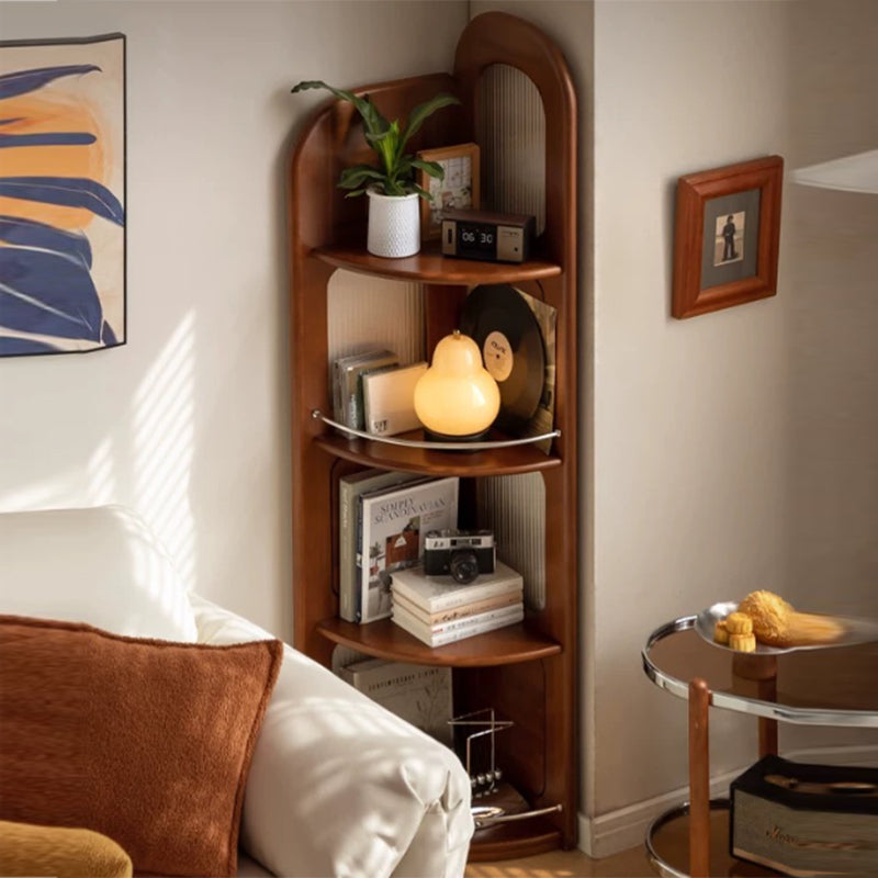 Contemporary Retro Fan-Shaped Corner Shelf Unit, 4-Tier – Boxwood Pine Wood with Glass & Stainless Steel for Living Room