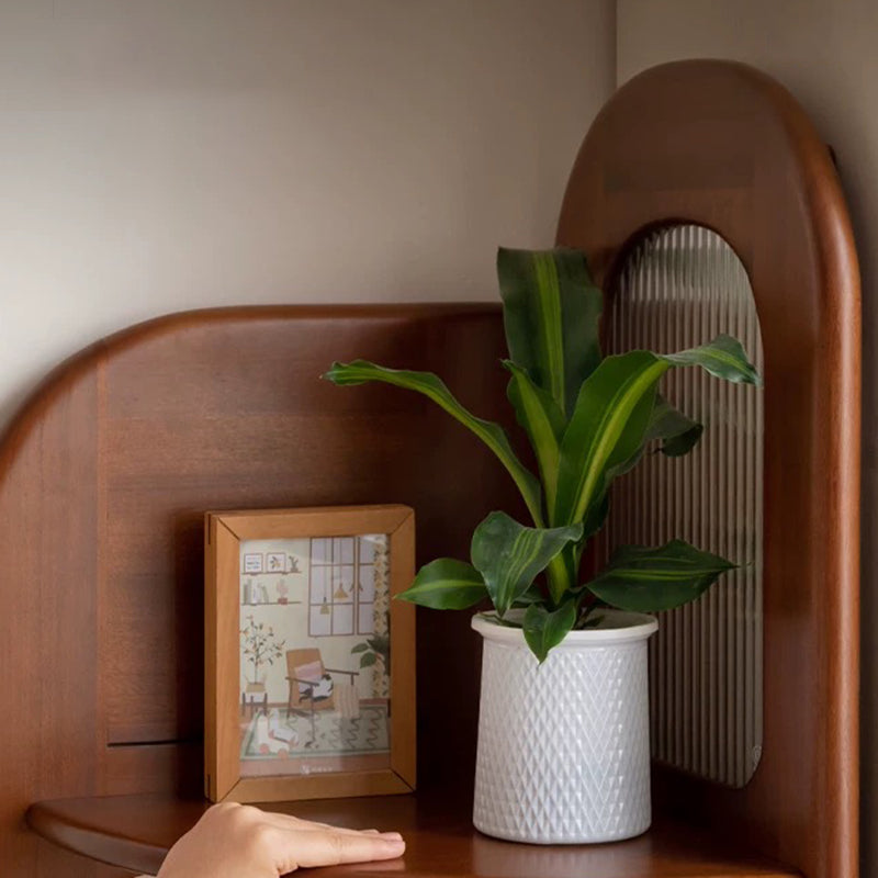 Contemporary Retro Fan-Shaped Corner Shelf Unit, 4-Tier – Boxwood Pine Wood with Glass & Stainless Steel for Living Room