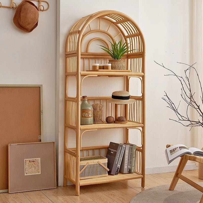Coastal Contemporary 3-Tier Rattan Display Rack with Arched Rectangular Frame - Indonesian-Made for Living Room