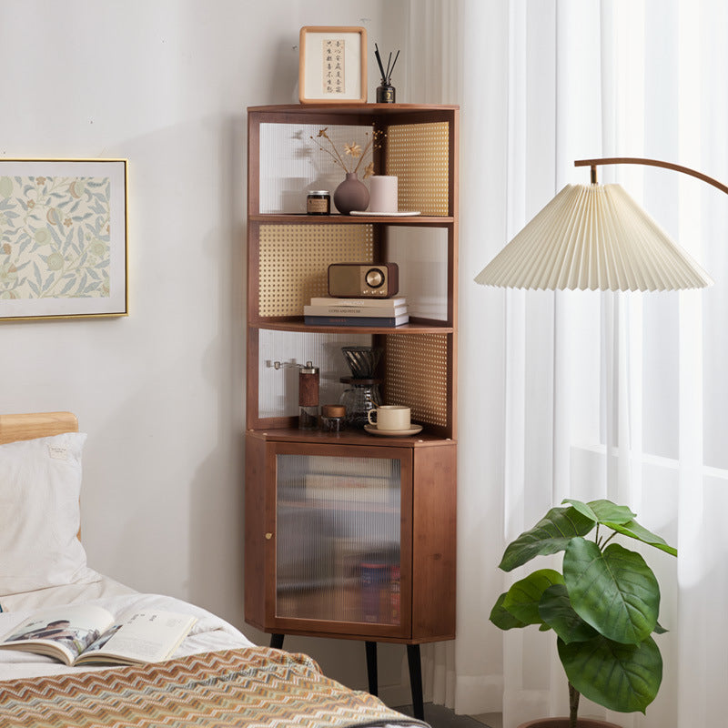 Modern Mid-Century 6-Tier Corner Shelf Unit – Square Nan Bamboo Solid Wood with Acrylic Faux Rattan Weaving for Living Room