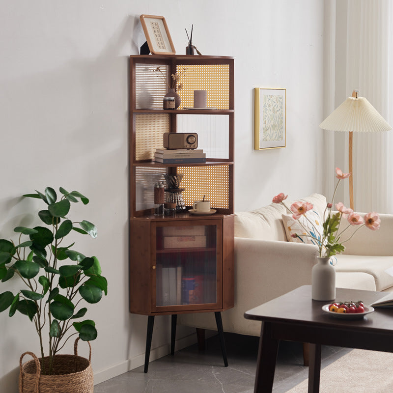 Modern Mid-Century 6-Tier Corner Shelf Unit – Square Nan Bamboo Solid Wood with Acrylic Faux Rattan Weaving for Living Room